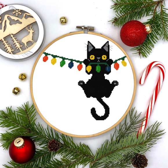 Christmas Black Cat Hanging Lights Humor Counted Cross Stitch Pattern Kit - Picture 2 of 5